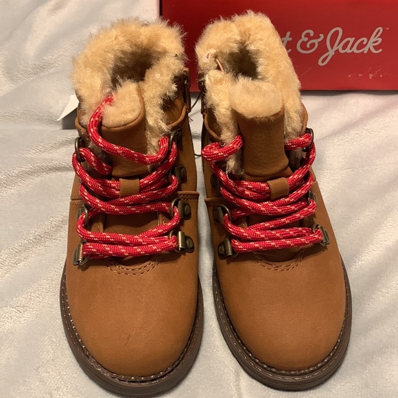Cat & Jack ryker cognac NIB NWT red laces brown boots faux fur lining size 10 - Picture 1 of 6